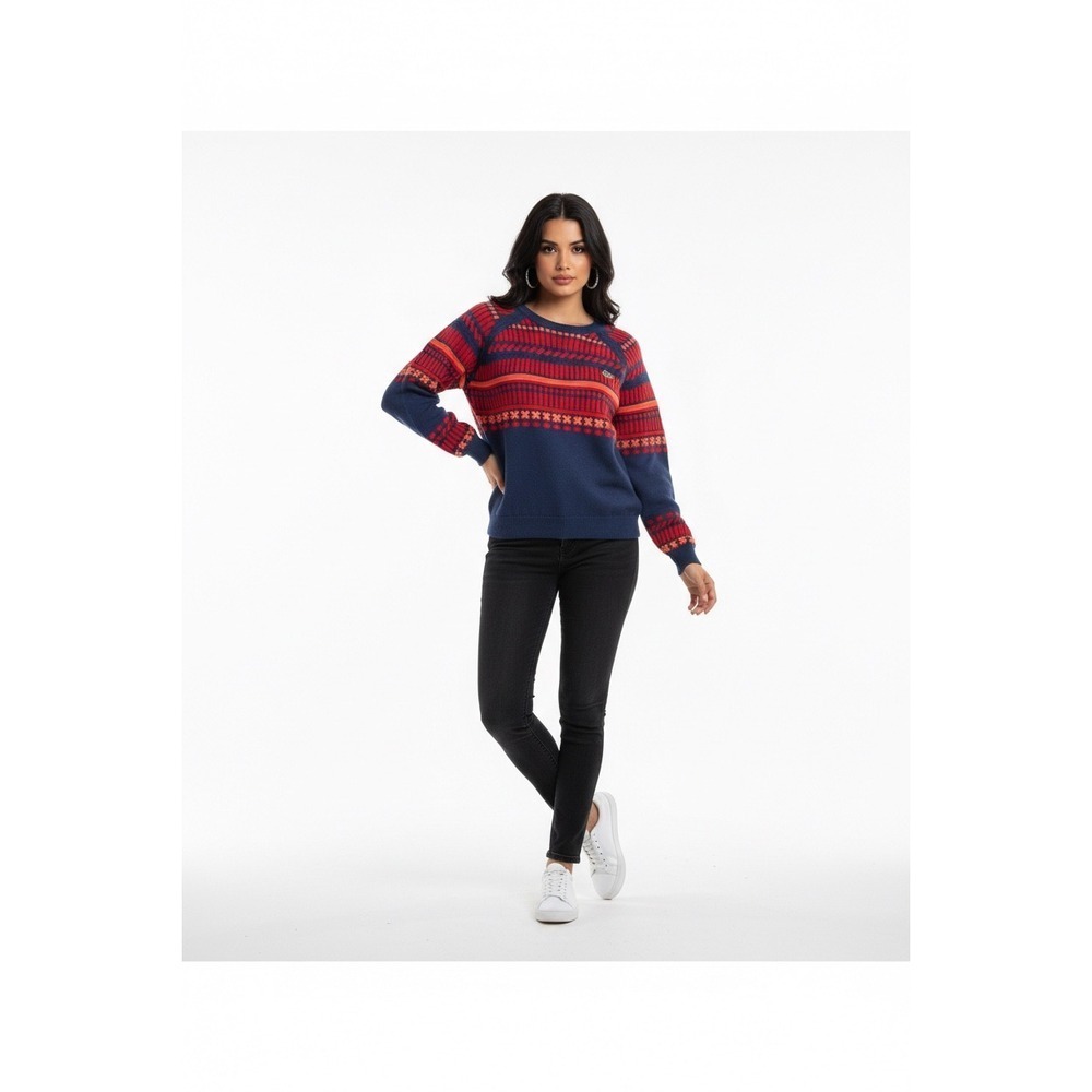 Lacoste L!VE Navy Blue Red Geometric Fair Isle Knit Crewneck Sweater Size Small